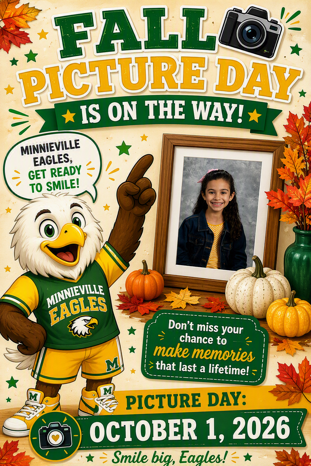 Fall-themed school poster announcing “Fall Picture Day is on the way!” for Minnieville Eagles, featuring an eagle mascot pointing and a framed student portrait with pumpkins and autumn leaves, dated “