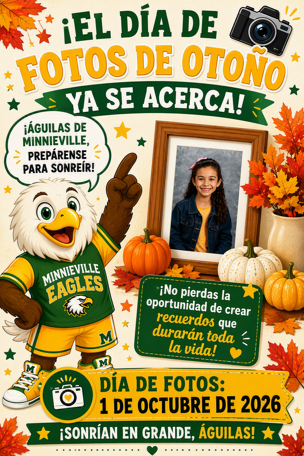 Spanish flyer announcing Minnieville Eagles fall photo day on October 1, 2026, featuring a cartoon eagle mascot pointing beside a framed child portrait, pumpkins, and autumn leaves.